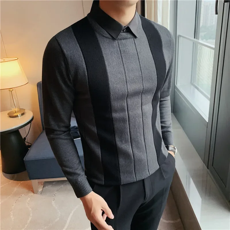 Korean Style Men Keep Warm In Autumn Fake 2 Pieces Shirt Collar Knit Sweaters/Male Slim Fit Stripe Fashion Casual Knit Pullover