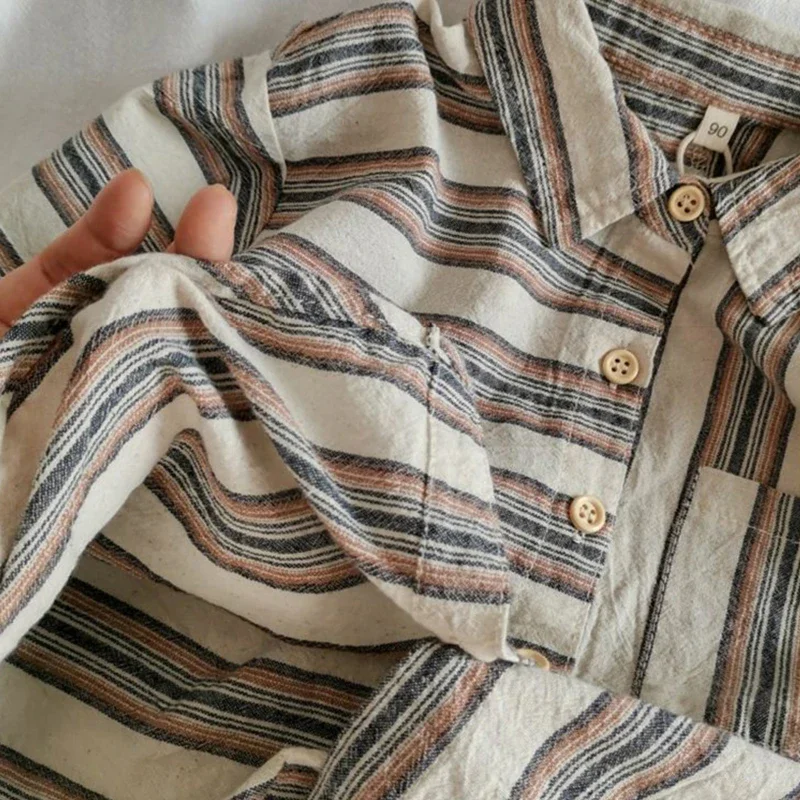 Children's Retro Striped Irregular Cotton Linen Shirt Autumn Korean Literary Baby Boys Buttons Long-Sleeved Shirts WT055 kids shirts boys shirts