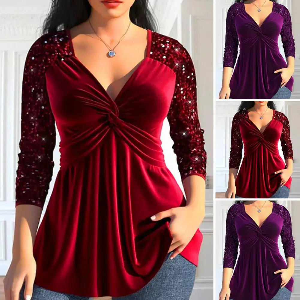 

Elegant V-neck Blouse Elegant V-neck Sequin Blouse for Women Long Sleeve Knot Design Party Tops with Loose Hem Luxurious Solid