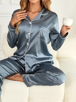 Solid Pajama Set Long Sleeve Button Up Lapel Top & Pants Pj Set Women's Sleepwear & Loungewear 6