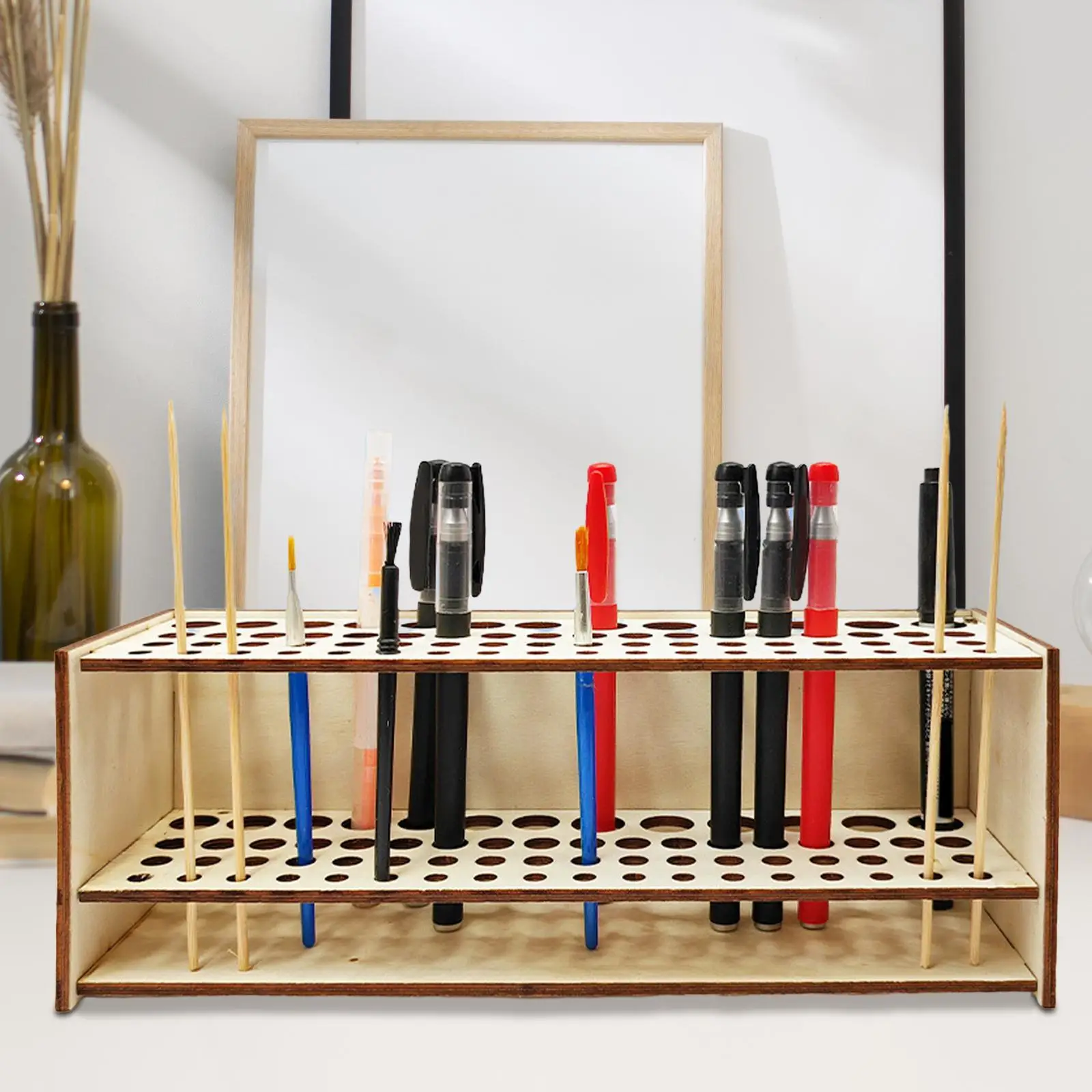 Paint Pen Holder Wood Art Supplies 67 Holes Portable Wooden Brush Holder for