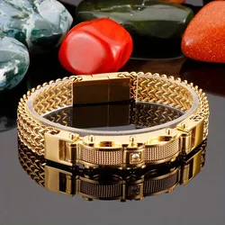 Stainless Steel Square Chain Bracelet with CZ & Magnet Clasp - Street Style Men's Fashion Jewelry - 21cm (Gold)