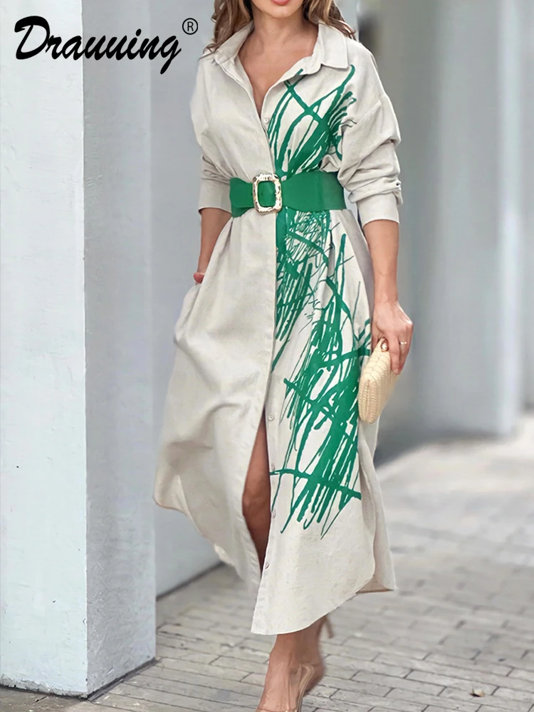 D​rauuing ​Ankle Length Dress Women Turn Down  Collar Button Shirts Dress  Female  Autumn Elegant Dress Casual Print