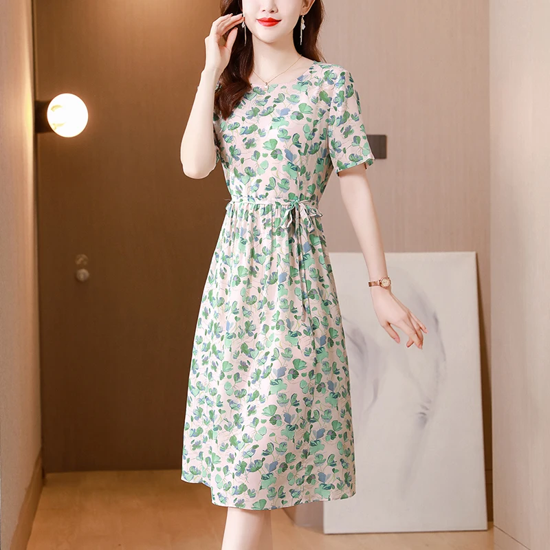 

2023 New Fashion Silk Printed Dress Women's Summer Round Neck Fragmented Short Sleeve Loose Fit Casual Dress Vestidos