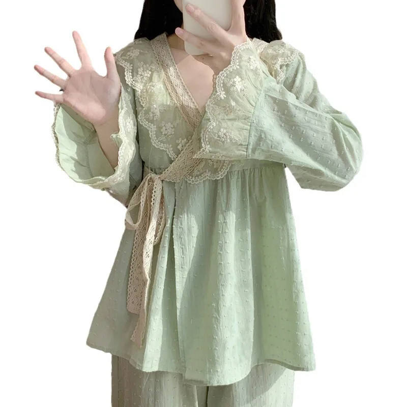 Ling Girl's 100% Pure Cotton Princess style Summer Long Sleeve & Pants V-Neck 2 Pcs Homewear Lace Pajamas for Women Home Set