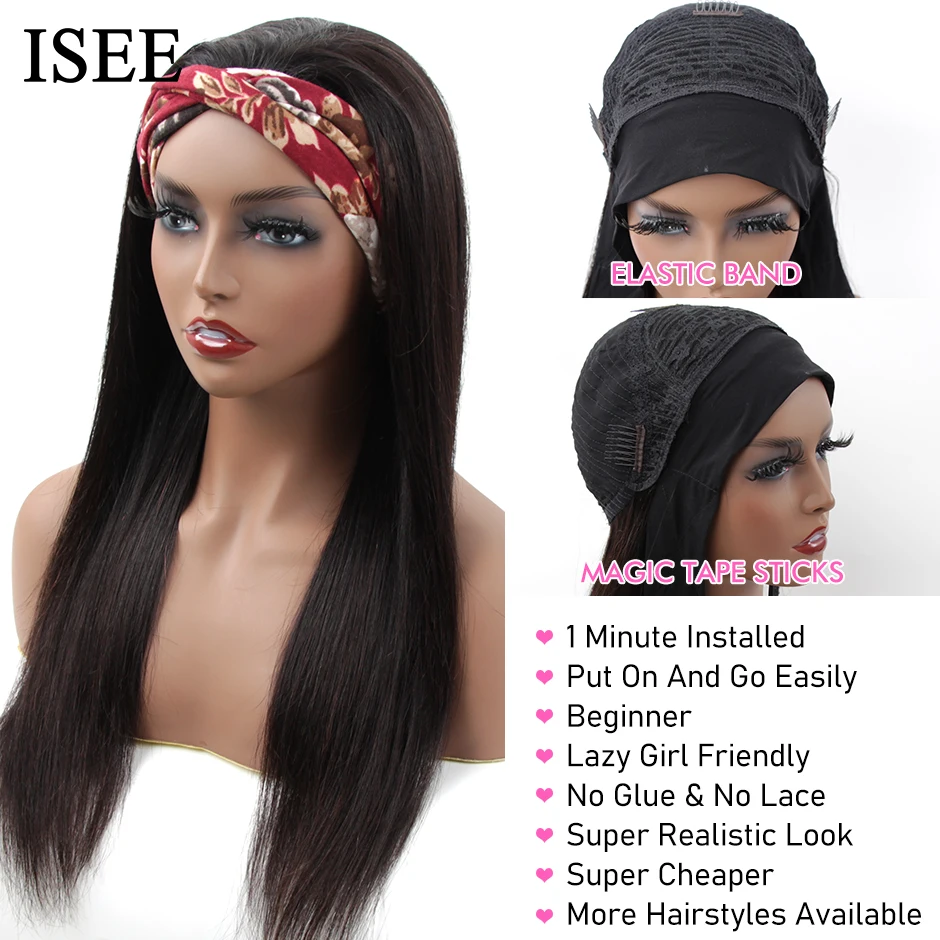 Straight Women's Headband Wig Malaysian Human Hair Wig Straight No Lace Scarf Wigs NO Glue Natural ISEE HAIR For Female human hair wig human hair wigs