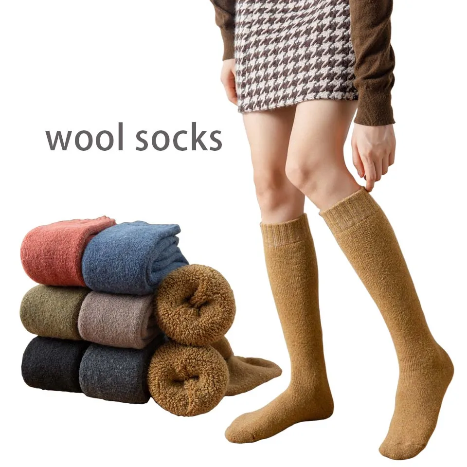 

Winter Women's Merino Wool High Knee Long Socks Thick Warm Harajuku Retro Compression Female Cashmere Stockings