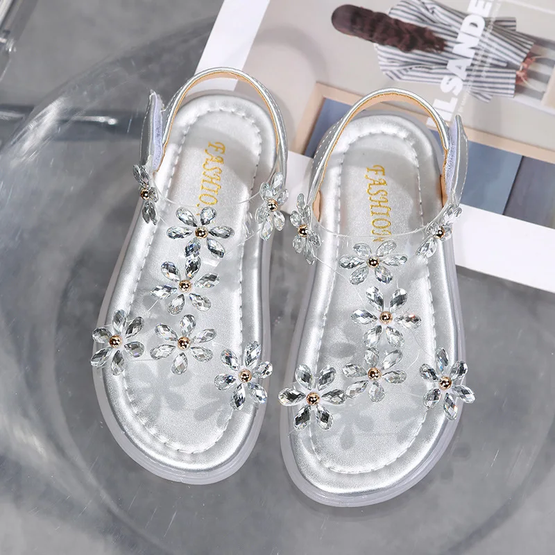 Baby Girl Sandals Crystal Bling Diamond Flower Princess Dance Shoes Summer Small Big Kids Party Shoes 1-3-4-6-7-12 Years Old