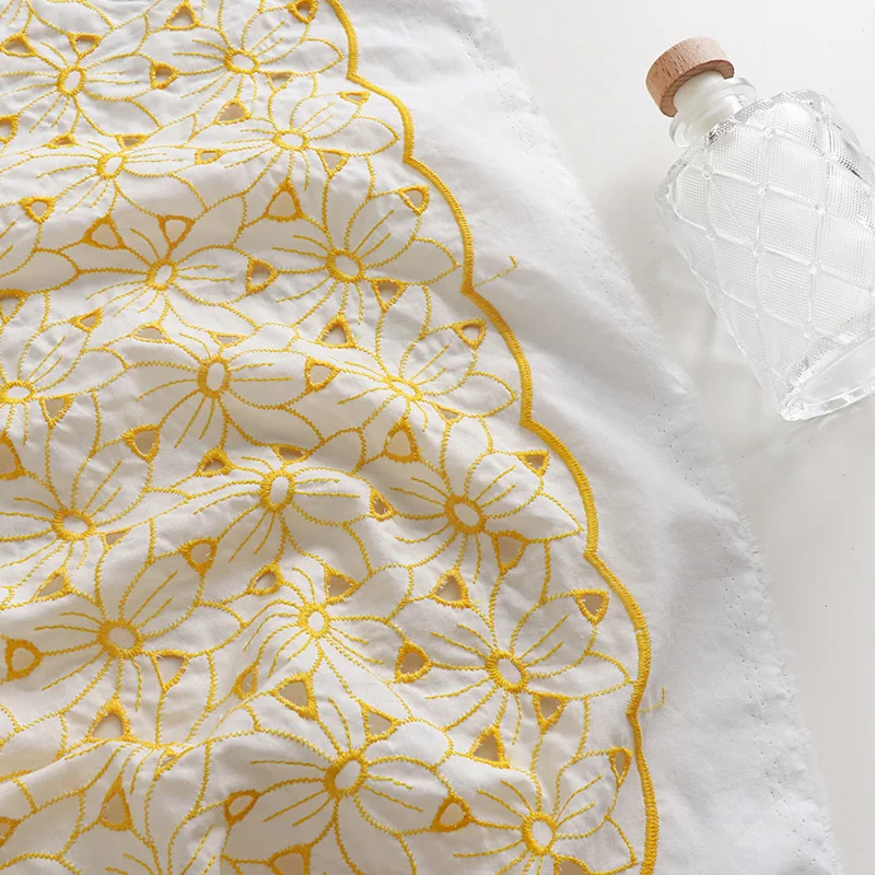 Soft Yellow Cotton Fabric Embroidery Hollow Fabric For Clothing Skirt Handmade DIY Accessories