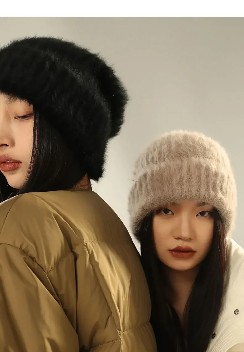 Autumn Winter Women's Wool Soft Fur Warm Oversize Knitted Sullies Cap Outdoor Leisure Solid Beanie Hat Bonnet Gorras_voghion.com