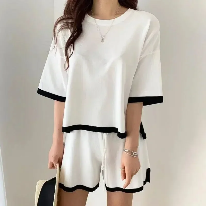 Korean Style Tracksuit Knitted Suit Summer Short Trouser+short Sleeve O-neck Pullover Shirt Fashion Shorts Suit Women Tracksuits