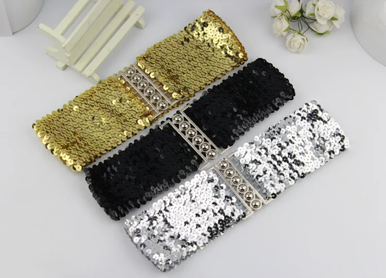 Sequin Elastic Glitter Belt Women's Corset Wide Waist Belt Metal Buckle Waistband Decorative Corset Strap Party Dress Accessorie