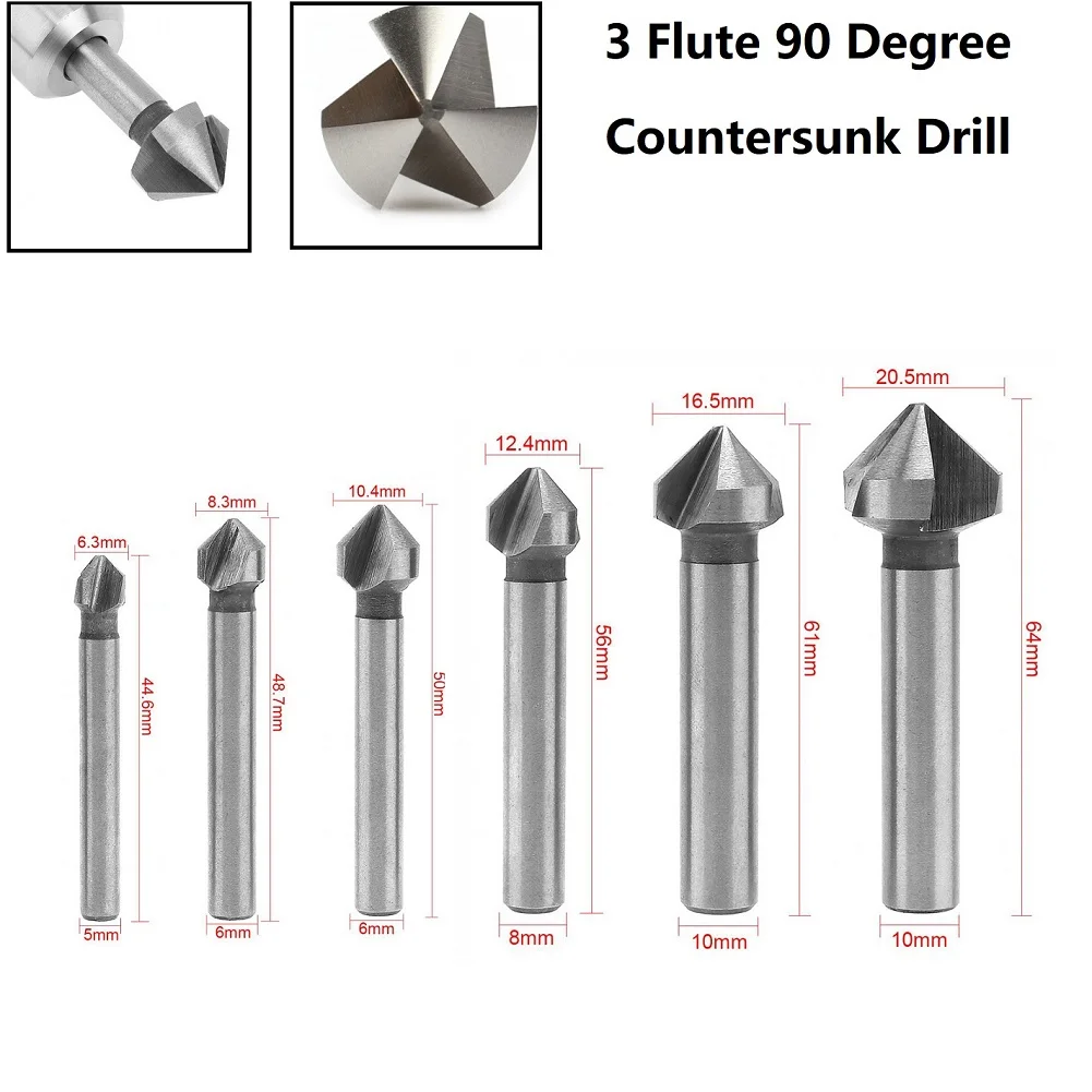 3 flöte HSS Senker Bohrer 90 Grad Fase Cutter Fase Anfasen Werkzeuge Bohrer 6.3/8.3/10.4/12.4/16.5/20,5mm