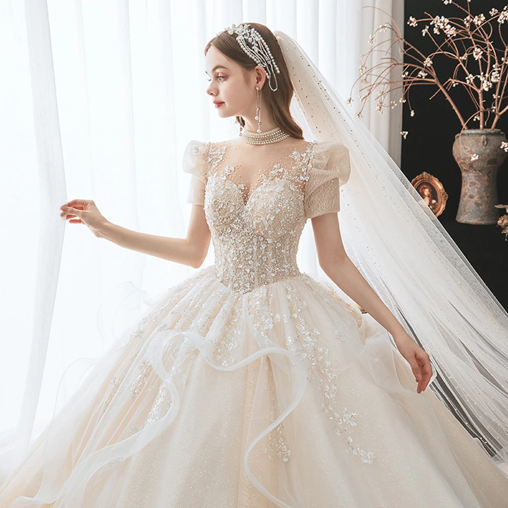 Luxury Beading Wedding Dresses Gorgeous Appliques Chapel Train Ball Gown High Neck Puff Sleeve Vintage Wedding Bride Gowns