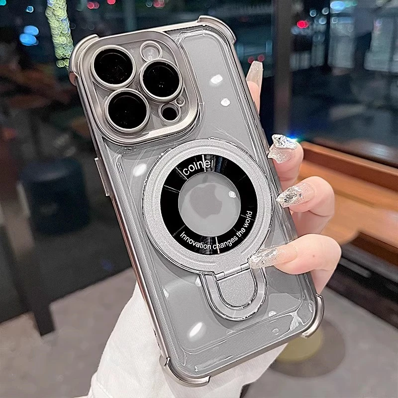 Deluxe Transparent Magnetic Shockproof Case with Adjustable Stand and Plating Finish