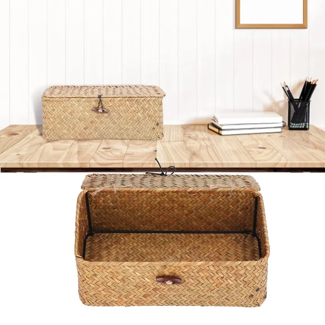 Handmade Storage Shelf Basket with Lid Rectangular Seagrass Rattan Woven Makeup Organizer Multipurpose Container Natural Box