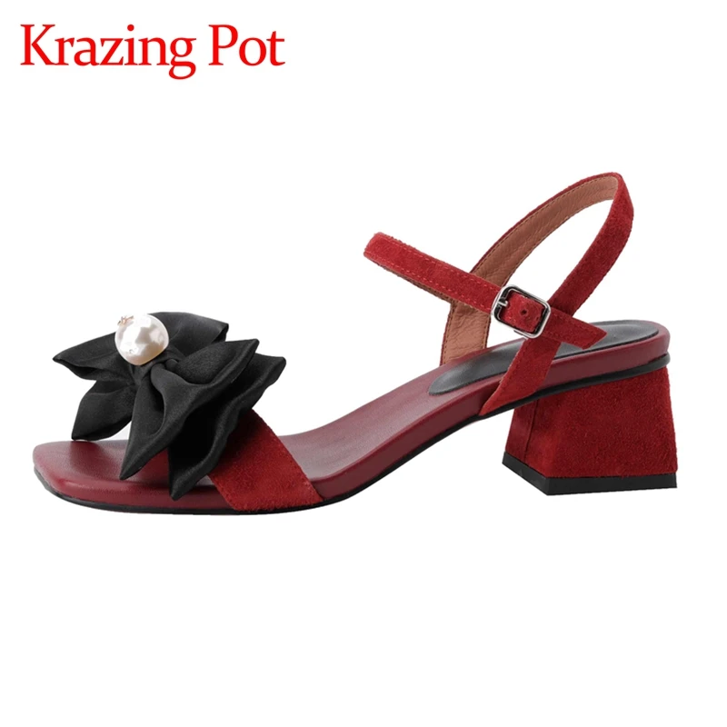 

Krazing Pot New Sheep Suede Peep Toe High Heel Butterfly-knot Pearl Decoration Korean Style Young Lady Dating Women Sandals L10