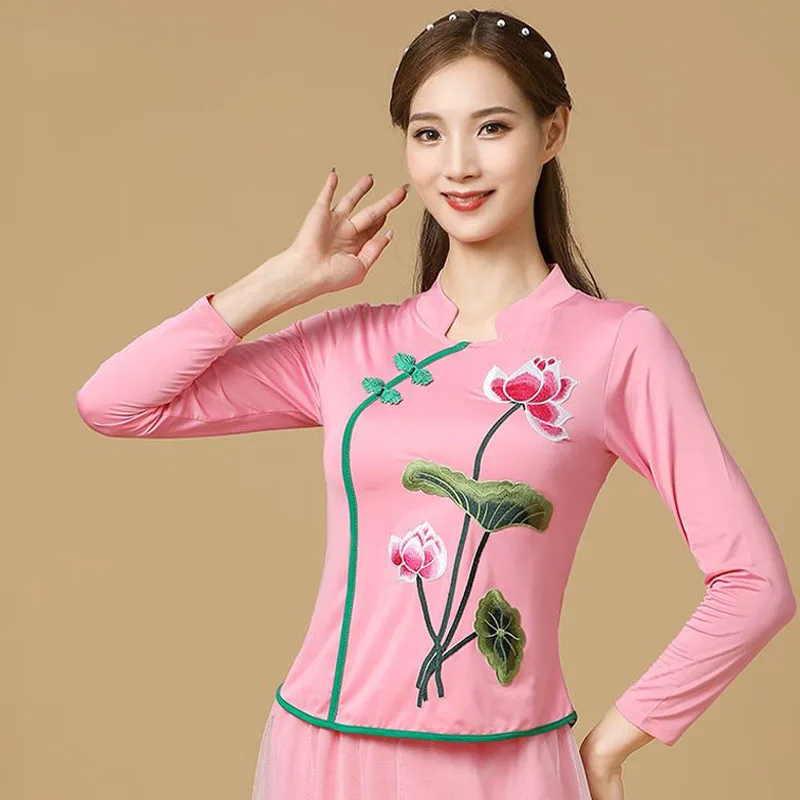 Cheongsam Women's Plus Size Short Tops Autumn Cotton Blend Mesh Splicing Embroidery Slim Chinese Style Qipao Shirts Woman