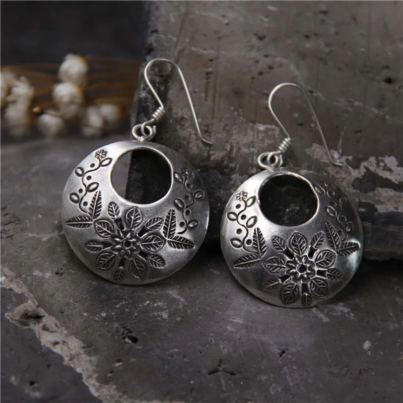 

Real S925 Sterling Silver Retro Carved National Style Exaggerated Earrings MeibaPJ Exquisite Party Gift Jewelry