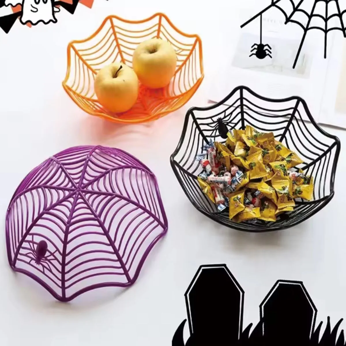 1pc-Halloween Candy Basket Spider Web Bowl Cookies Fruit Basket Trick or Treating Decorating Halloween