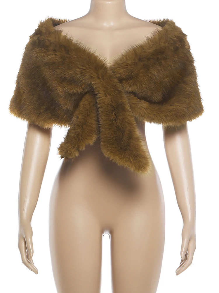 Nibber Fashion Wild Women Furs Shawl Hipster Luxury Slash Neck Knot Elegant Banquet Party Clubwear Midnight Soft Warm Crop Tops