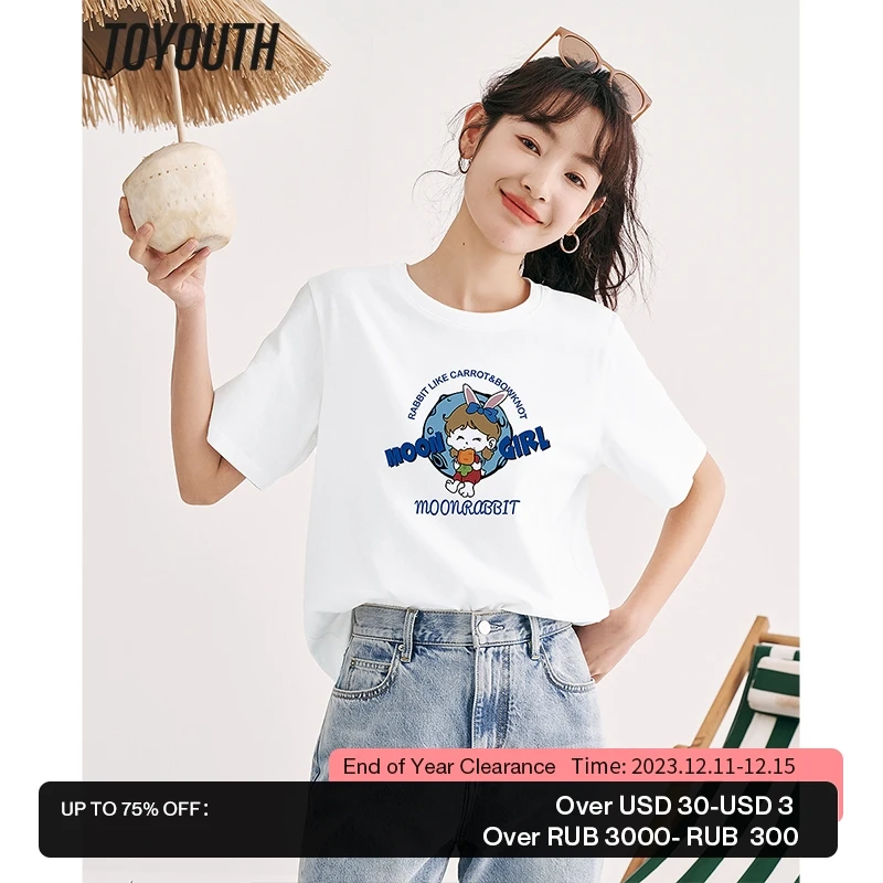 

Toyouth Women T-shirt 2023 Summer Short Sleeve Round Neck Loose Tees Cartoon Letter Printing Pure Cotton Four Colors Basic Tops