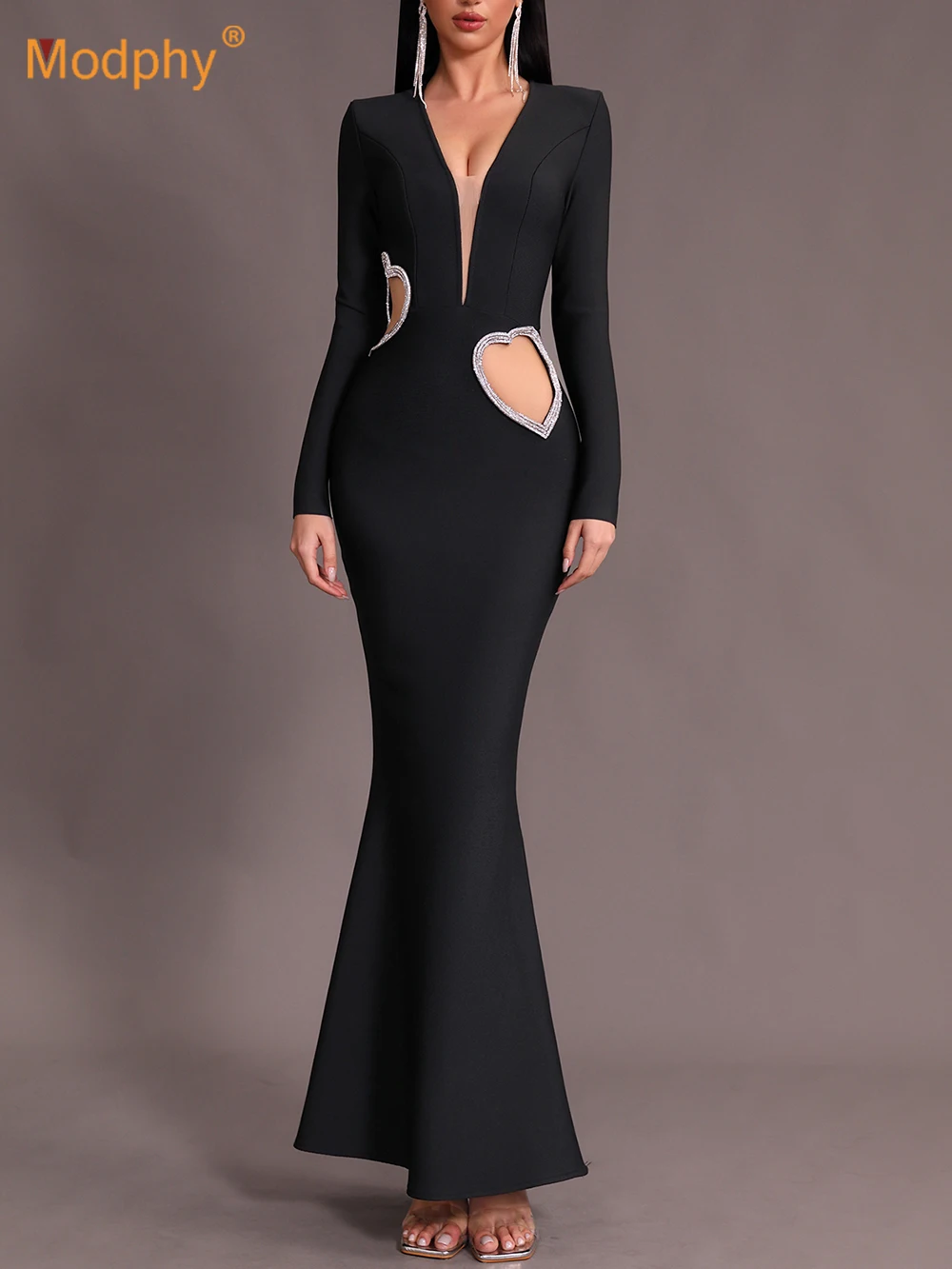 

Modphy Elegant Celebrity Evening Party Maxi Bandage Dress Sexy V-neck Heart Hollow Diamond Design Bodycon Mermaid Long Dress