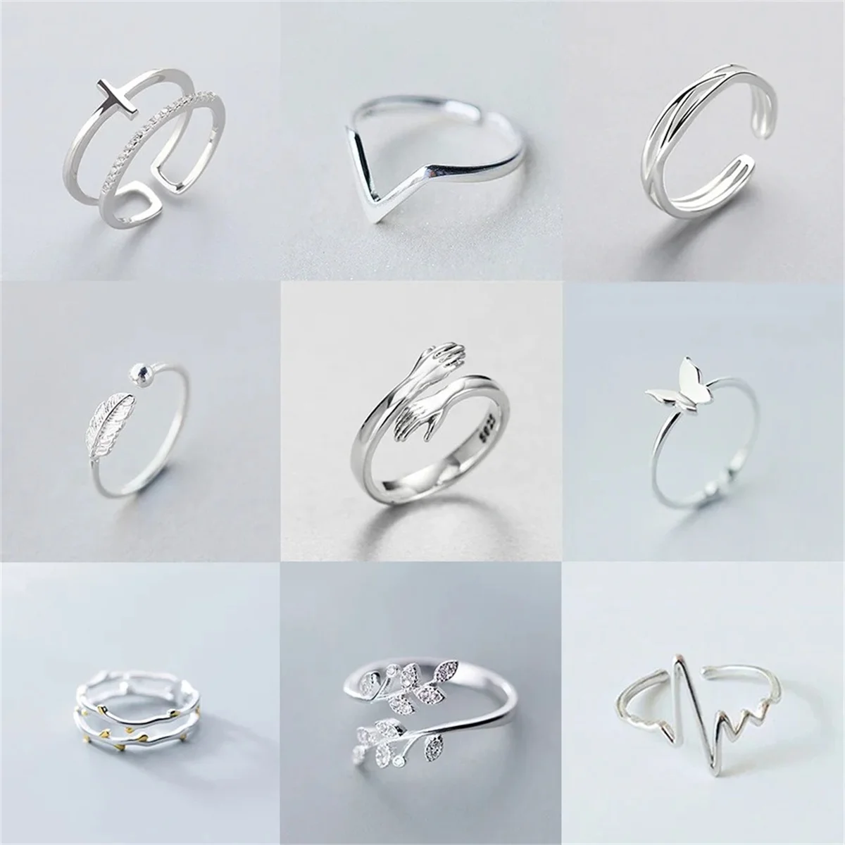 

Minimalist Geometric Silver Color Finger Rings For Women Fashion Hug Leaf Flower Branch Feather Cross Opening Ring Party Jewelry