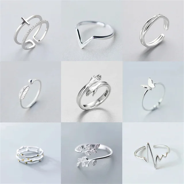 Minimalist Geometric Silver Color Finger Rings For Women Fashion Hug Leaf Flower Branch Feather Cross Opening Ring Party Jewelry