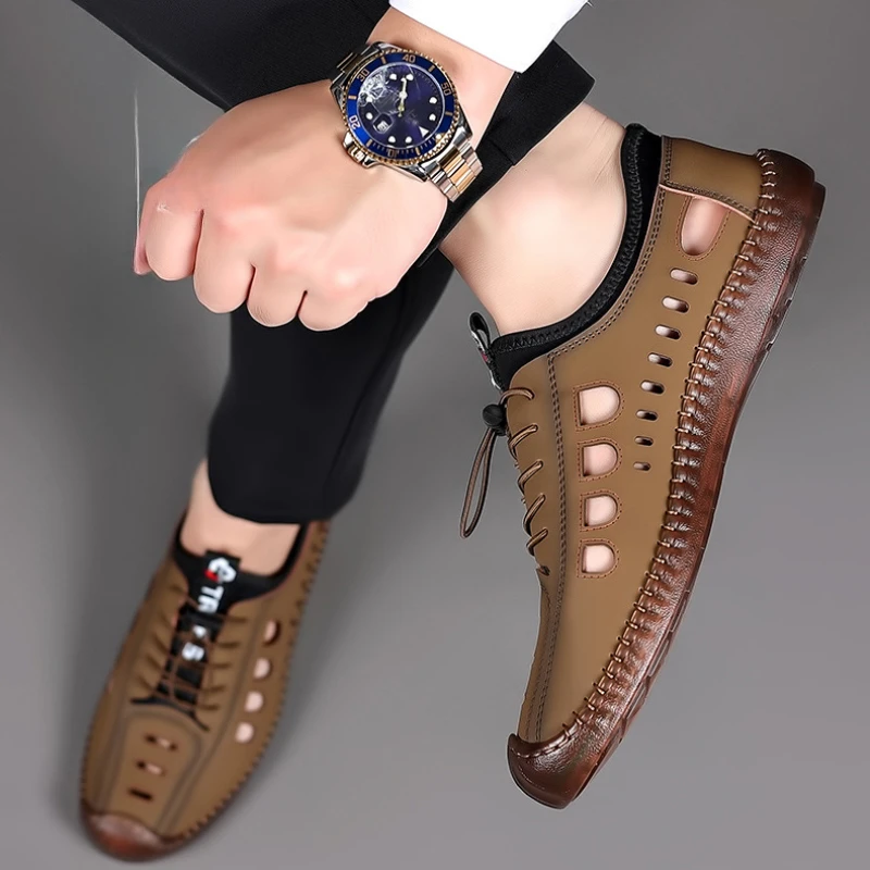Men Soft Leather Summer Sandals Breathable Non-slip Cow Tendon Sole Casual Outdoor Beach Shoes