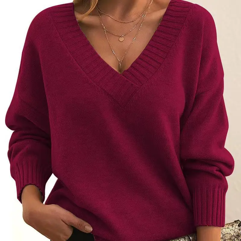 New Autumn and Winter Pullover Sweater for Women, Loose V-neck Casual Versatile Knitted Sweater Top 211