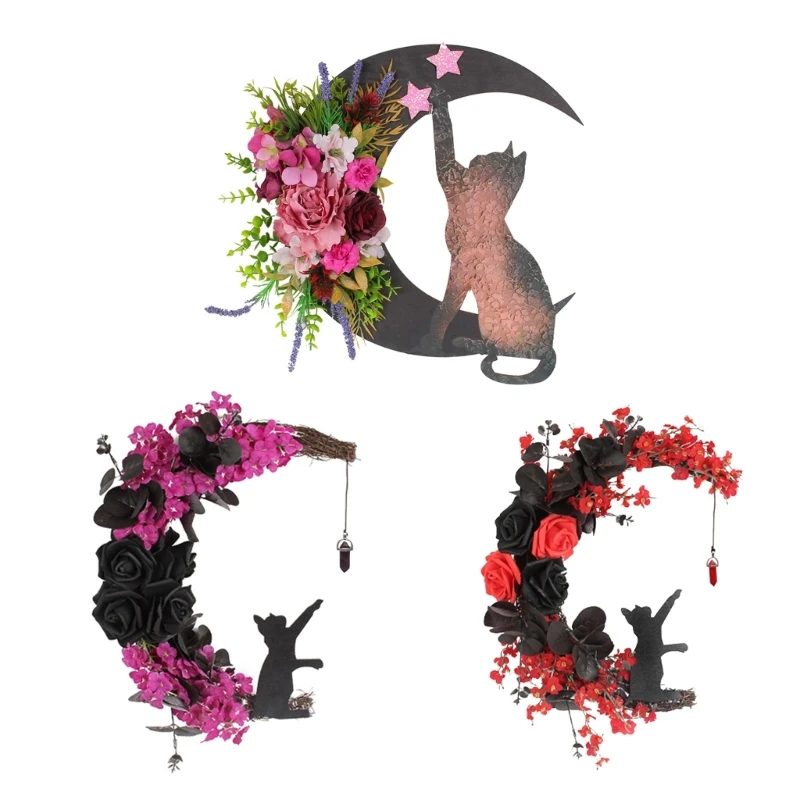 

Halloween Wreath Moon for Cat Rose Front Door Decorations for Home Holid