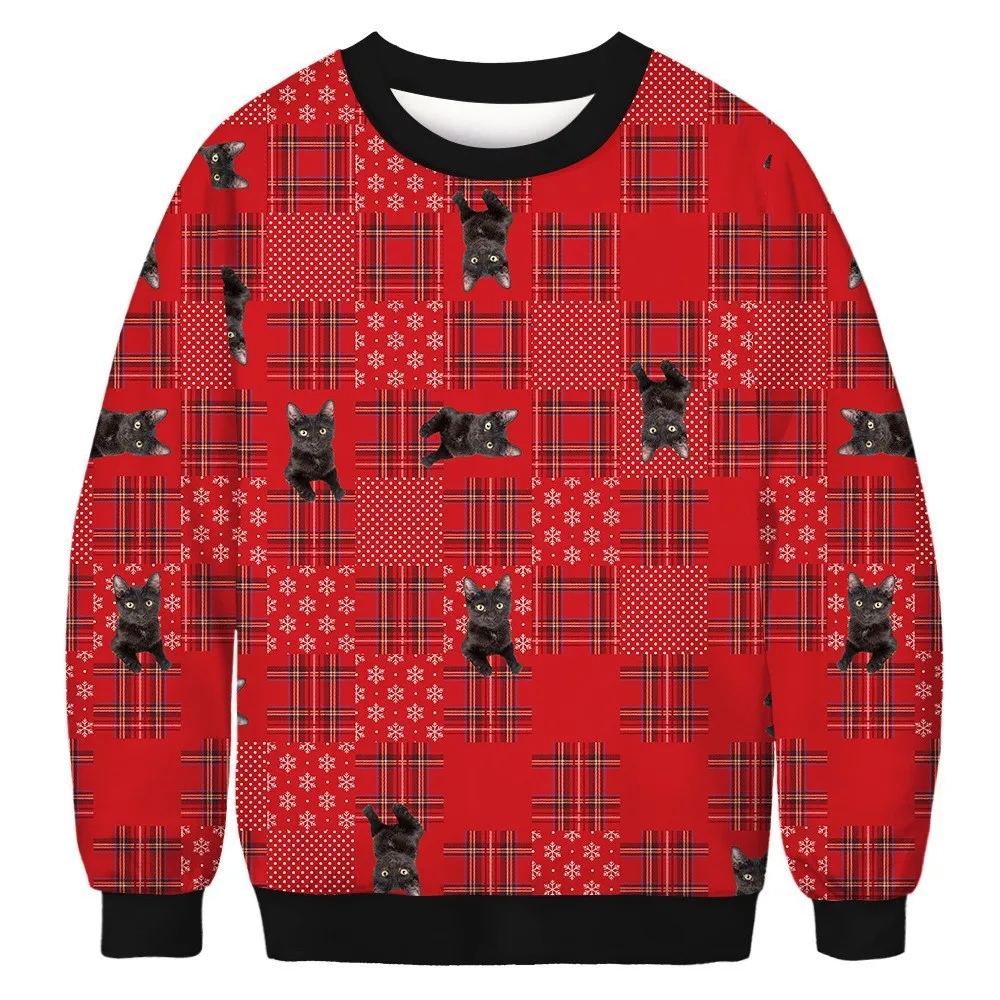 남성용 크리스마스 에디션 스웨트셔츠 3D 재미있는 고양이 프린트 프리미엄 얇은 크루넥 루즈핏 편안한 겨울 의류
