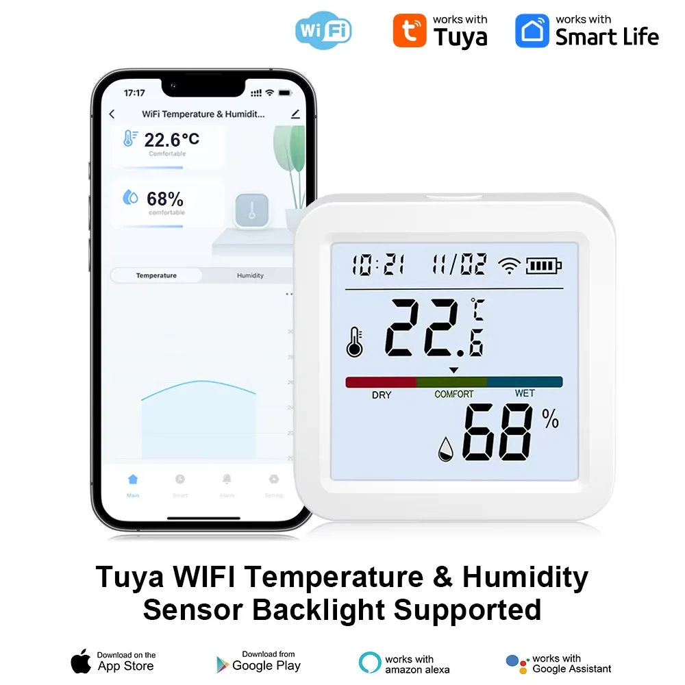 WIFI Temperature And Humidity Sensor Indoor Tuya Smart Hygrometer Thermometer With Backlight LCD Display Support Alexa Google