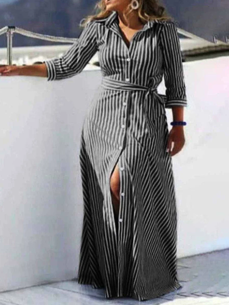 

LW Casual Maxi Dresses Waist Bandage Design Zebra Striped Shirt Dress Button Up Long Sleeve Lapel Collar Lady Chic Robe