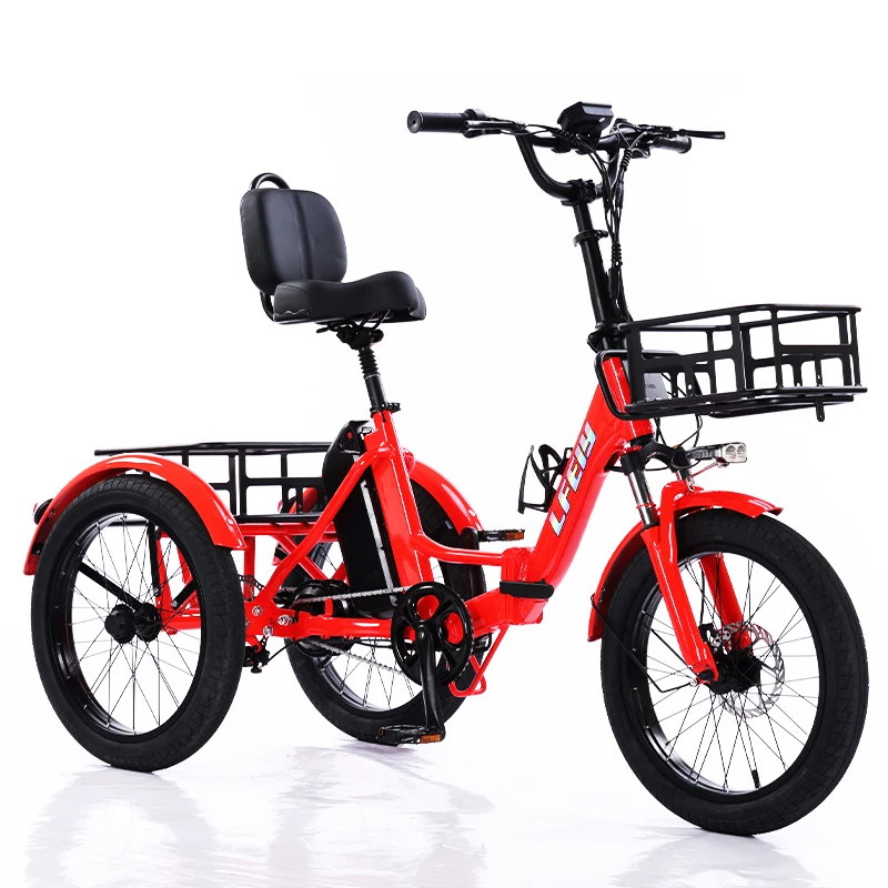 Vélo électrique Cargo 3 roues pliant homme adulte hors route montagne avec 2 paniers/siège réglable 350W gros pneu Tricycle électrique