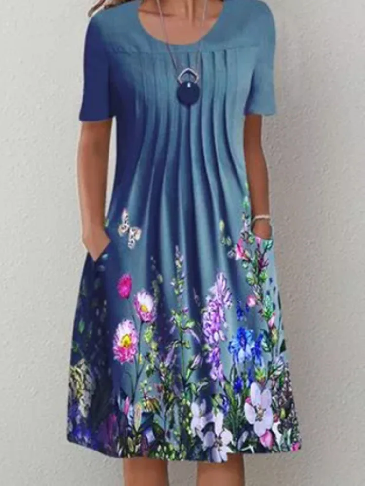 Summer Short Sleeve Floral Printing Vintage Dresses For Women 2023 Female Clothing Loose Beach Elegant Large Swing Midi Dress