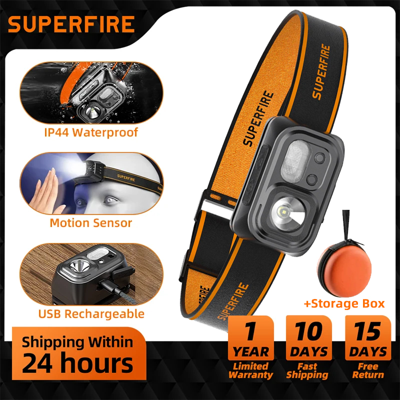 SUPERFIRE Mini Rechargeable Powerful Headlamp Hiking Camping USB C Head Light LED Sensor Headlight Front Head Lamp For Working