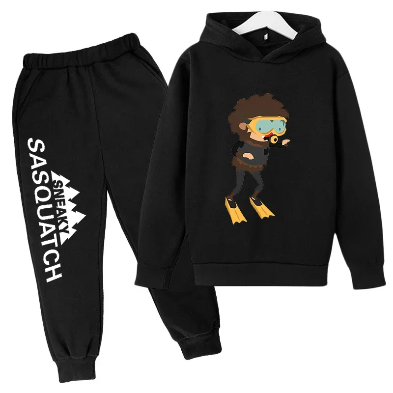 thumbnail image 1 of Conjunto de sudadera con capucha y pantalones de polar para niños, conjunto de 2 piezas, chándal, estampado de cabeza grande de Sasquatch furtivo, 1 of 5