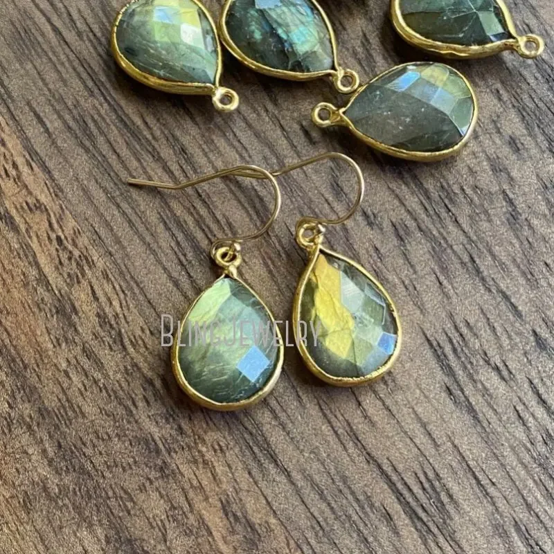 

10pairs Crystal Blue Flash Teardrop Gold Color Bezel Setting Labradorite Dangle Earrings Women Healing Stone Jewelry Boho