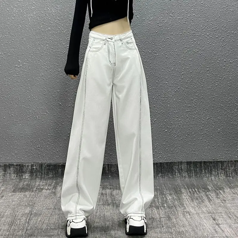 Women's Spring Summer Full Length Wide Leg Jeans Lady Chic High Waist Loose Straight Jeans Casual White Denim Pants