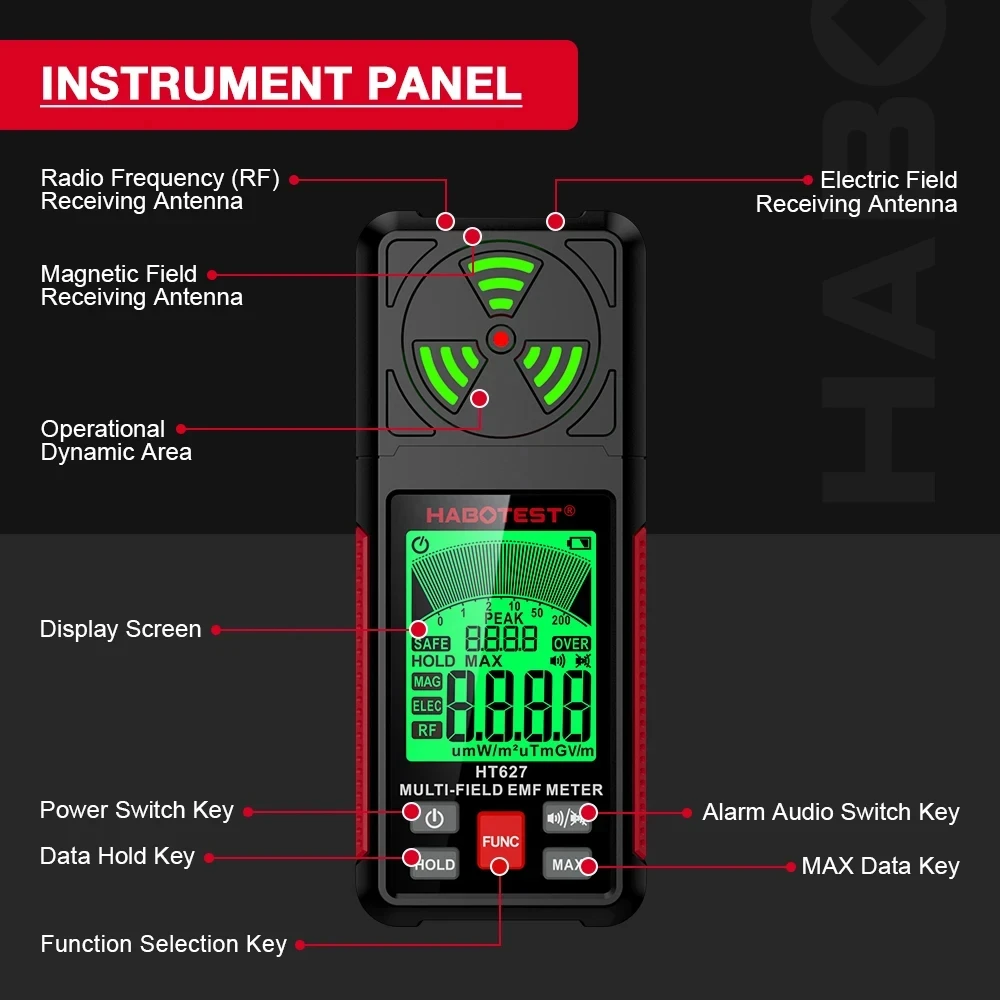 radiation detector HT627 EMF Meter Electromagnetic Radiation Tester Electric Field Magnetic Field RF Radiation Radio Frequency Detector Warn Meter