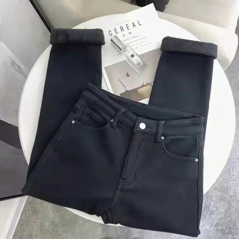 Jeans Women Classic Casual Ankle Length Warm Vaqueros Basic Fleece High Waist Denim Pants Plus Velvet Thicken Beige Straight