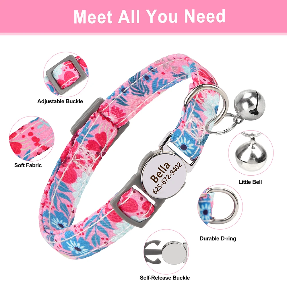 Custom Nylon Cat Collar Cute Print Kitten Cats Collars Quick Release Nylon Pet Necklace With Bell Adjustable for Cats Puppy Pink 5