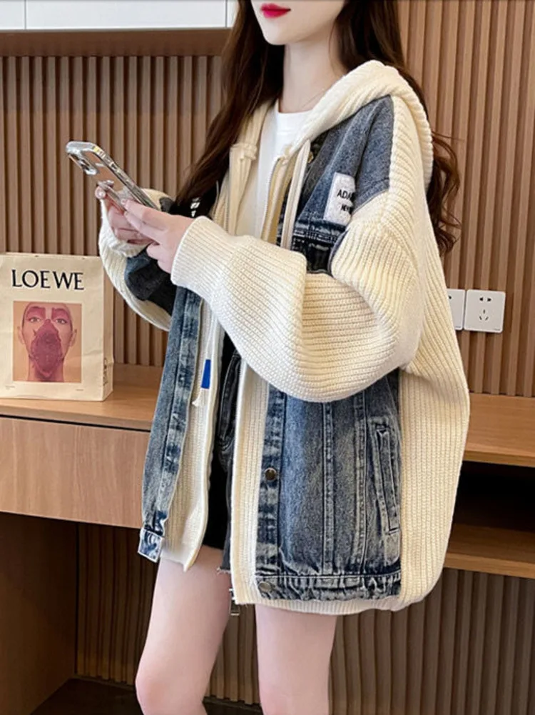 여성용 데님 패치워크 후드 스웨터, 한국 니트 재킷, 시크 저지 가디건, 루즈 의류, 아우터, 가을, 겨울, 2024 신상