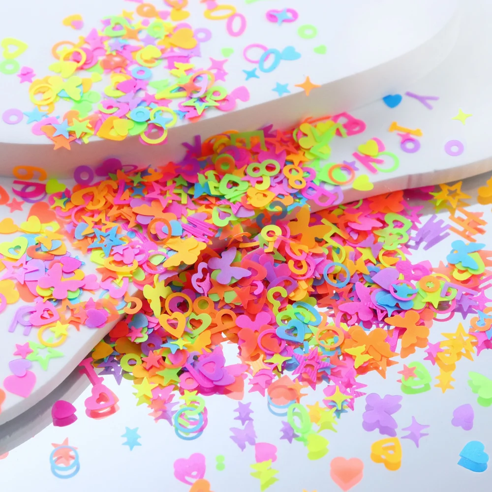 

10g Resin Sequins Fluorescent Butterfly Love Heart Star Mix Size Epoxy Resin Decor Neon Glitter Flakes Resin Filling Accessories