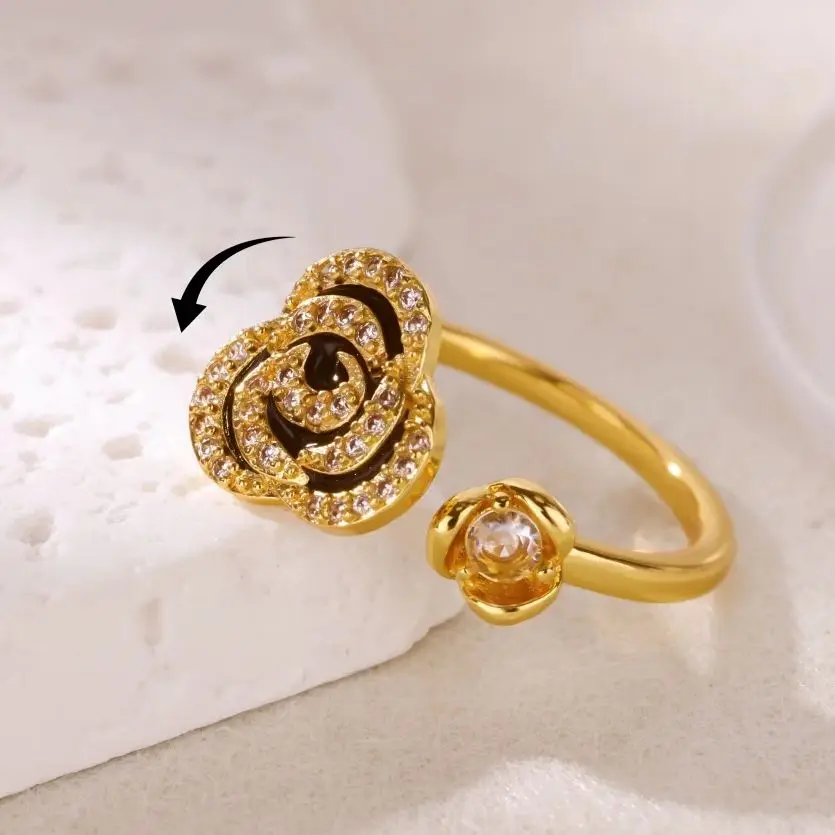 Zircon Flower Fidget Spinner Ring Anxiety for Women Gold Color Stainless Steel