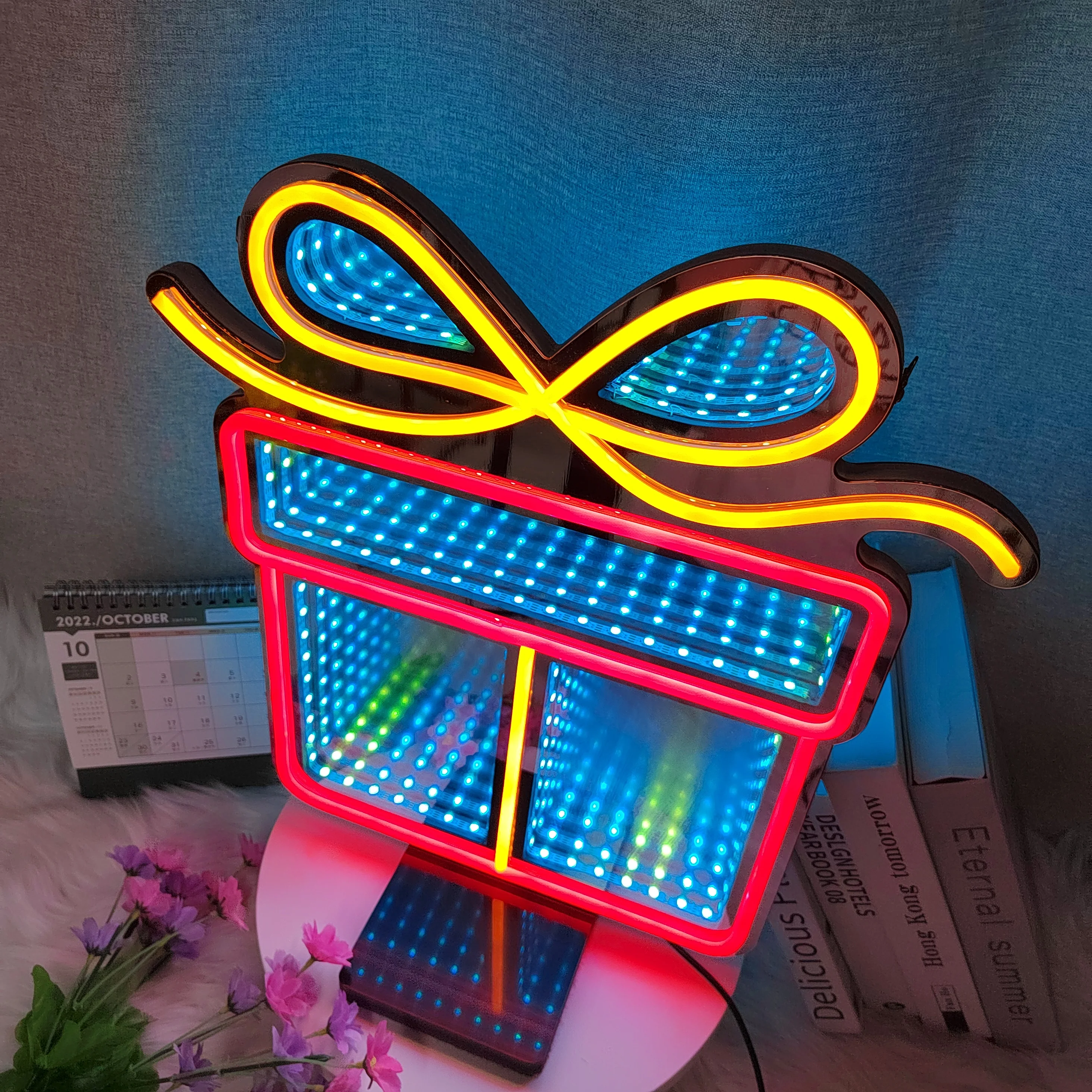 Color-Changing Tunnel Mirror Gift Box Neon Sign, Double Side and Both Hanging and Standing Artistic Present Box Shop Home