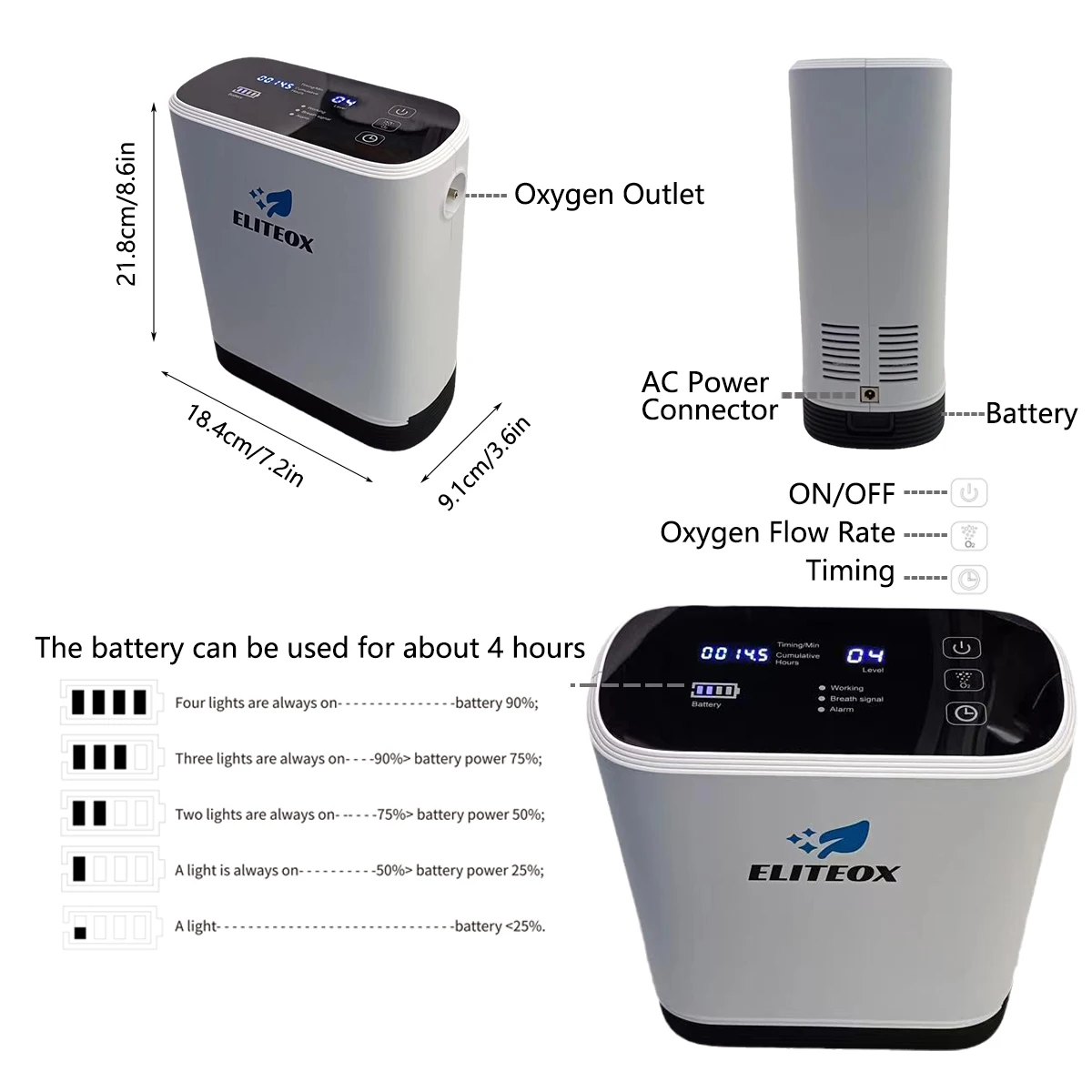 Portable Oxygen Concentrator 1-5L 93% for Outdoor Sport Travel Use with Battery Rechargeable Oxygenerator Central Device