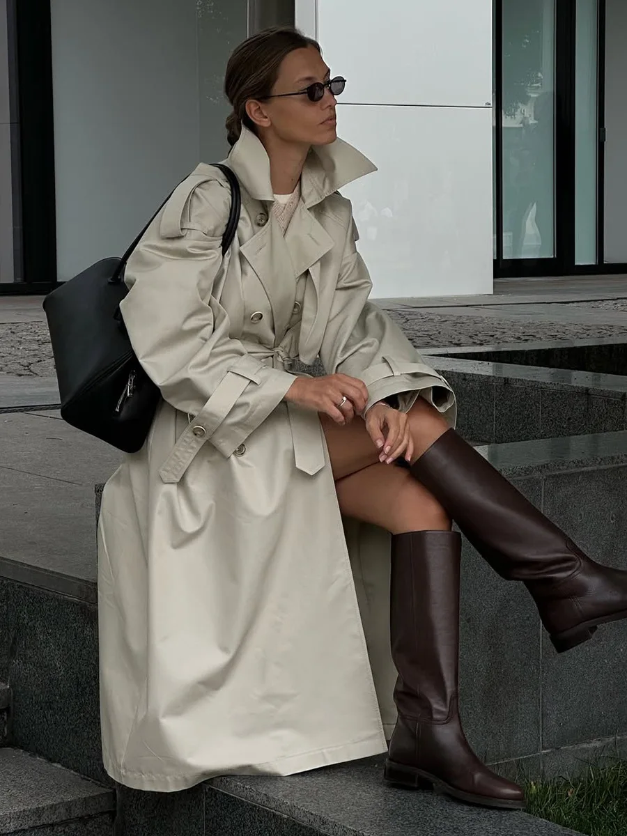 Bornladies New Autumn Winter Women's Retro Long Trench Coat Office Lady Loose Belted Waist Fahsion Outerwear Jackets